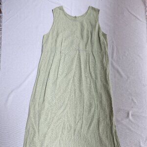 Vintage FLAX L green gingham linen round neck button front empire maxi sundress